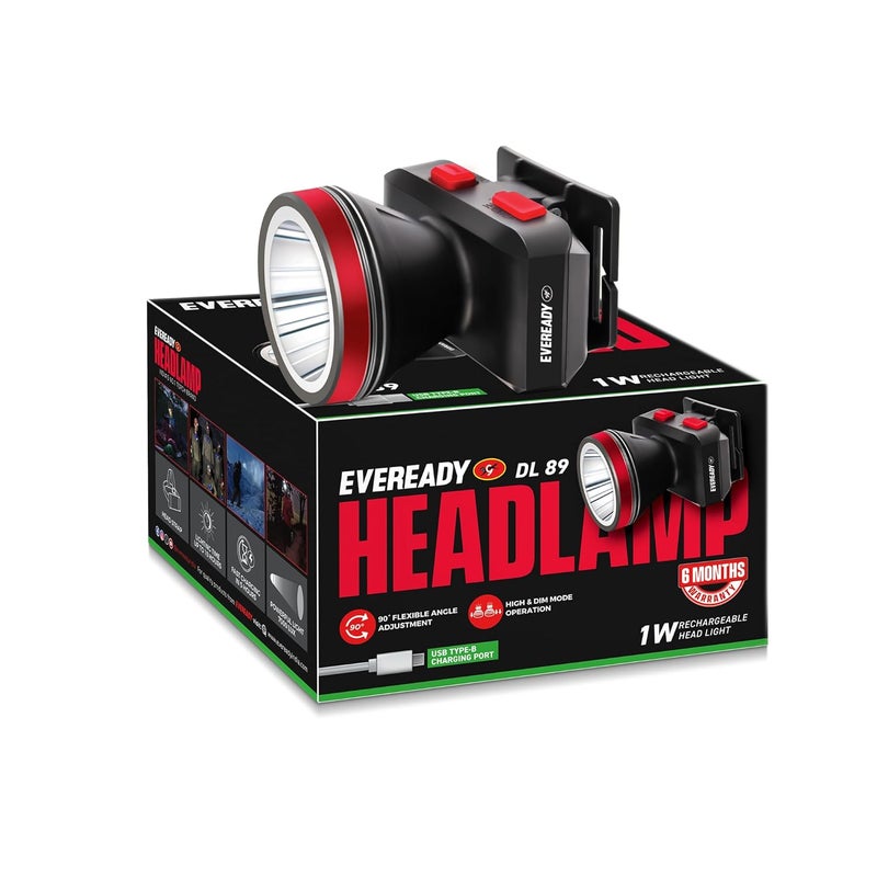 Eveready Headlamp DL89, Rechargeable 1W Led Emergency Head Light Torch, 90° Tilt, Easy to Mount (Can Be Worn Without A Helmet), Type-B/Micro-USB Fast Charging, Powered by Li-Ion Battery - Image 1