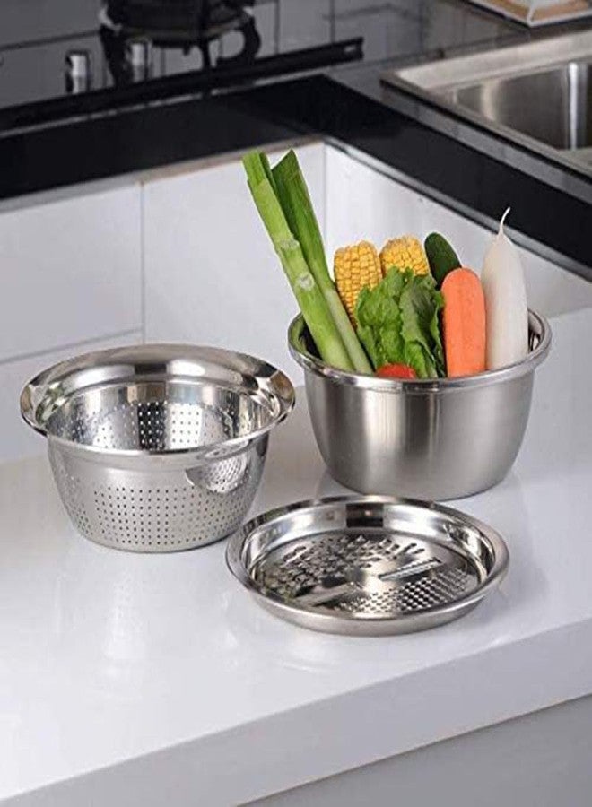 DqsWko Germany Multifunctional Stainless Steel Basin,Multifunction Stainless Steel Basin with Grater 3 in 1 Vegetable Cutter for Kitchen, Vegetable Slicer Grater Strainer and Drain Basket(10.2) - Image 4