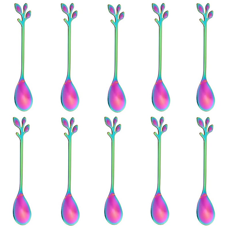 AnSaw Elegant Rainbow Leaf Coffee Spoons 10Piece 47 Mini Stainless Steel Espresso Dessert Tea Spoons Perfect for Demitasse Small Servings