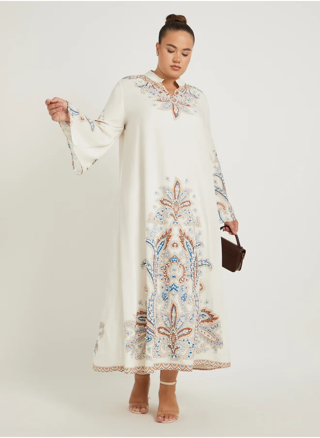 ستايلي Styli Plus Size Stand Collar Printed A-Line Jalabyia with Embellished Detail