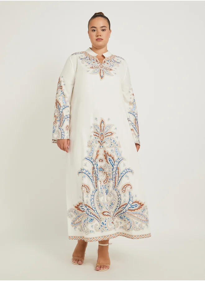 ستايلي Styli Plus Size Stand Collar Printed A-Line Jalabyia with Embellished Detail