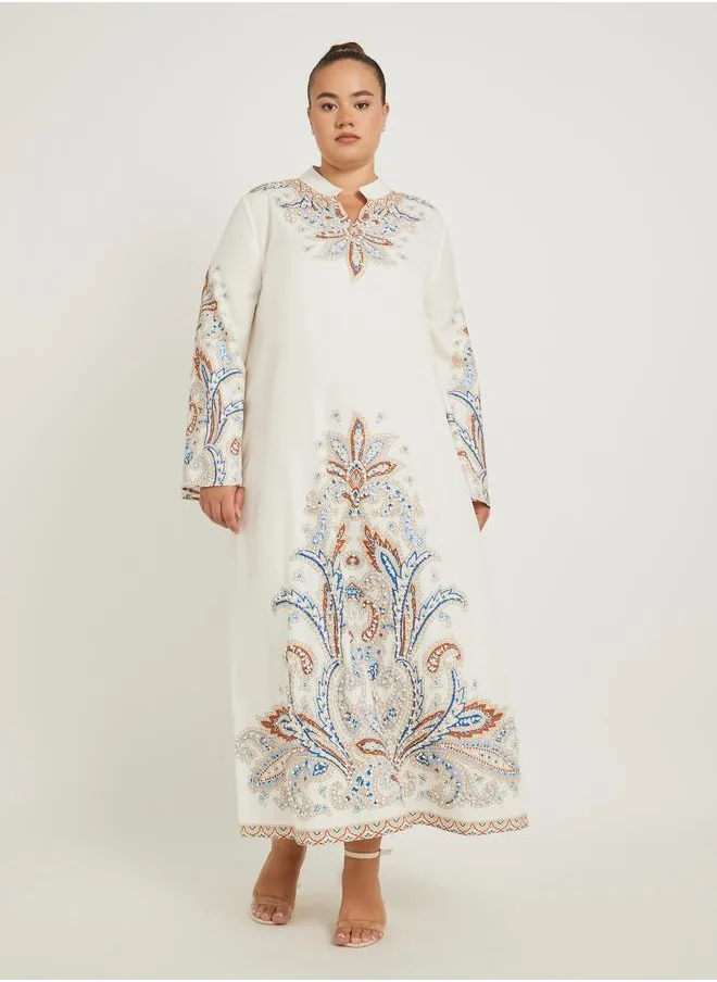 ستايلي Styli Plus Size Stand Collar Printed A-Line Jalabyia with Embellished Detail
