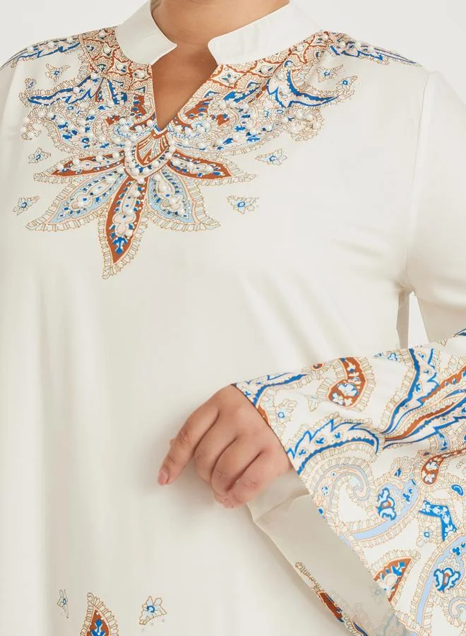 Styli Styli Plus Size Stand Collar Printed A-Line Jalabyia with Embellished Detail