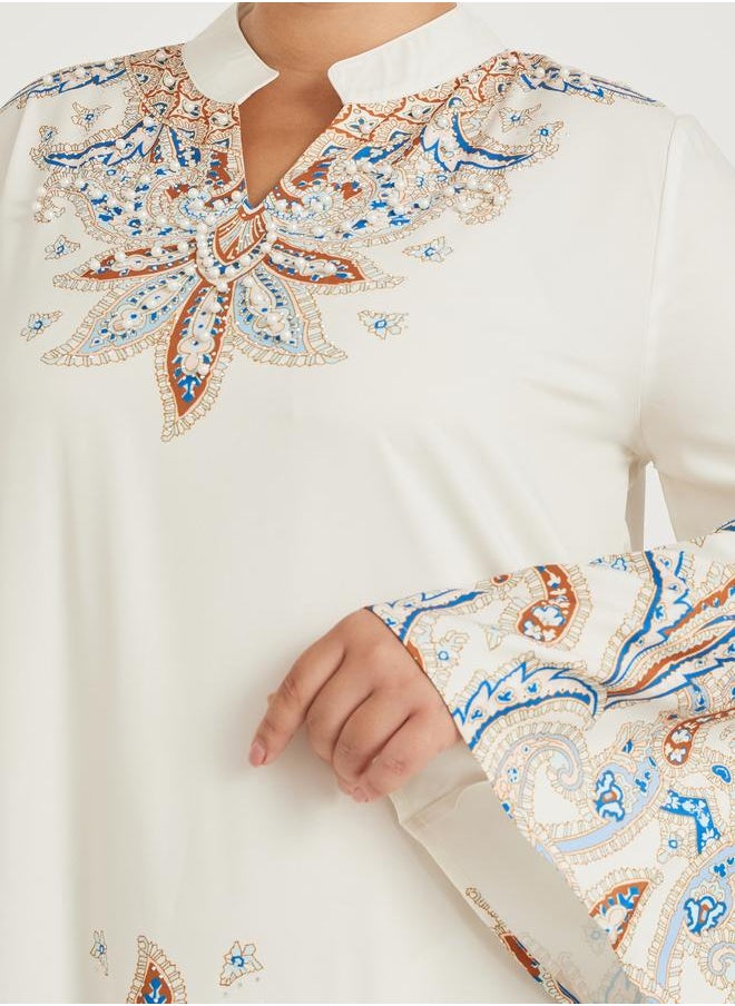 Styli Styli Plus Size Stand Collar Printed A-Line Jalabyia with Embellished Detail  - Image 4