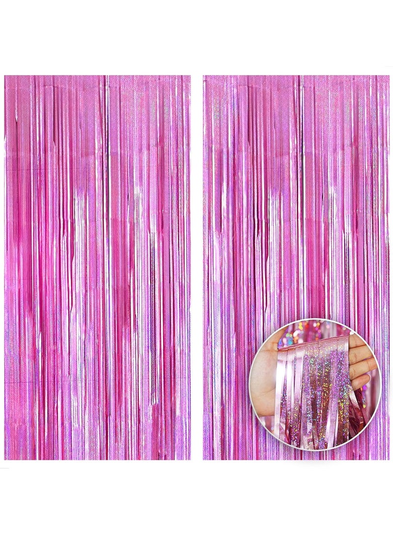 كاتشون خلفية ذات أهداب وردية قزحية - 6.4 × 8 أقدام، عبوة من قطعتين | زخارف الحفلات الوردية اللامعة - Image 1