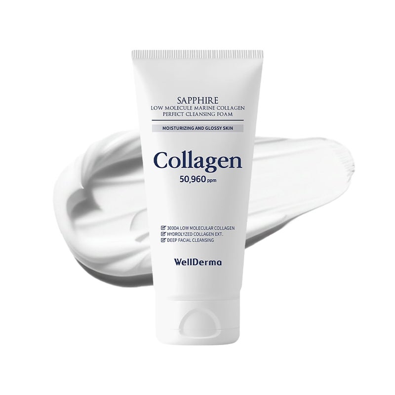 Wellderma فوم تنظيف كولاجين سافير من ويلدرما، 150 مل - منظف وجه لطيف مع كولاجين مهدرج وغليسيرين، رغوة كريمية مرطبة - Image 1