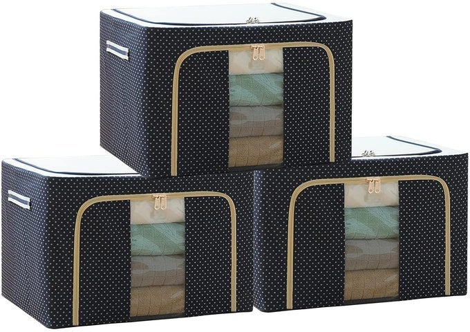FOLDABLE STEEL FRAME DOUBLE OPENING ZIPPED RECTANGULAR STORAGE ORGANIZER BAG WITH WINDOW FOLDING BAG UNDER BED CLOSET WARDROBE BOX FOR MULTI COLOR 66L 1