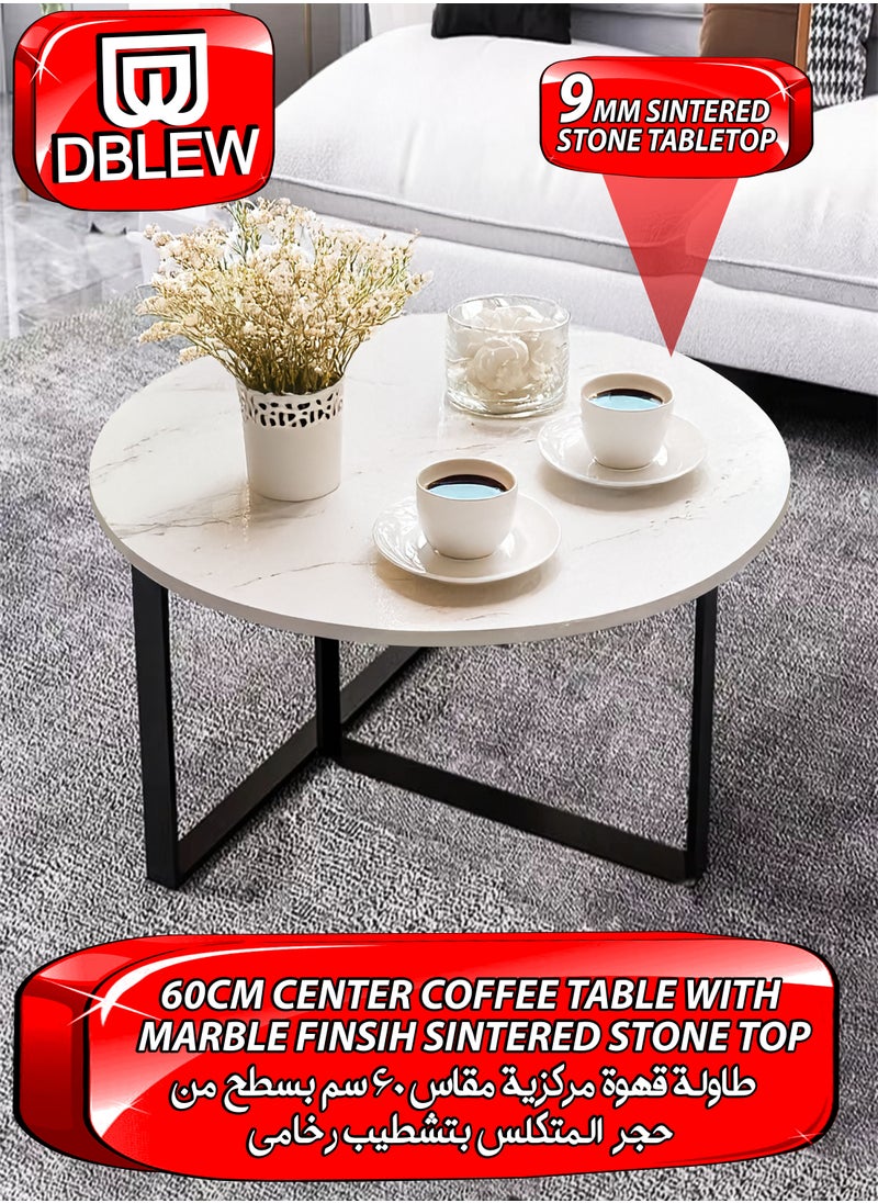 DBLEW - Sintered Stone Round Coffee Table Luxury Style Modern Faux Marble Finish 60cm Tea Tables with Steel Base Space Saving Design Durable Tabletop Waterproof and Scratch-Resistant Perfect for Home Living Room Dining Room Bedroom Balcony Office Kitchen Outdoor Garden Patio Hotel Lobby Restaurant Café or Small Spaces Versatile End Table, Sofa Side, Center Table Bedside Tables Stackable Accent Table - Image 1