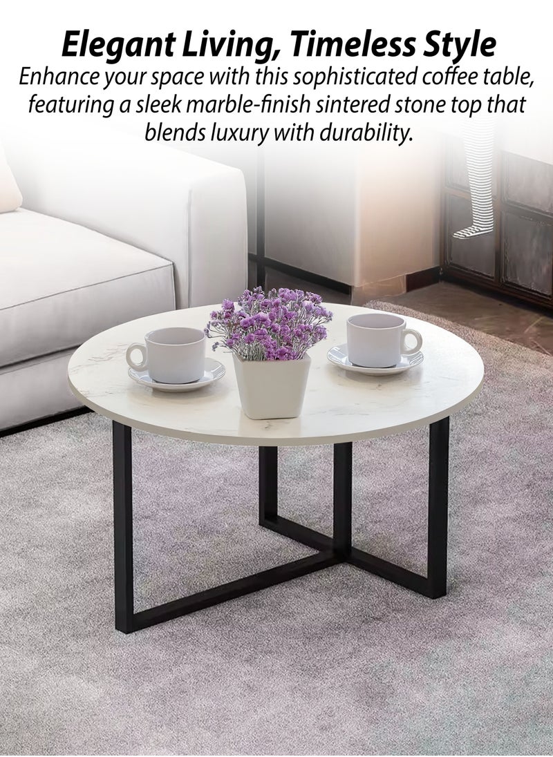 DBLEW - Sintered Stone Round Coffee Table Luxury Style Modern Faux Marble Finish 60cm Tea Tables with Steel Base Space Saving Design Durable Tabletop Waterproof and Scratch-Resistant Perfect for Home Living Room Dining Room Bedroom Balcony Office Kitchen Outdoor Garden Patio Hotel Lobby Restaurant Café or Small Spaces Versatile End Table, Sofa Side, Center Table Bedside Tables Stackable Accent Table - Image 1