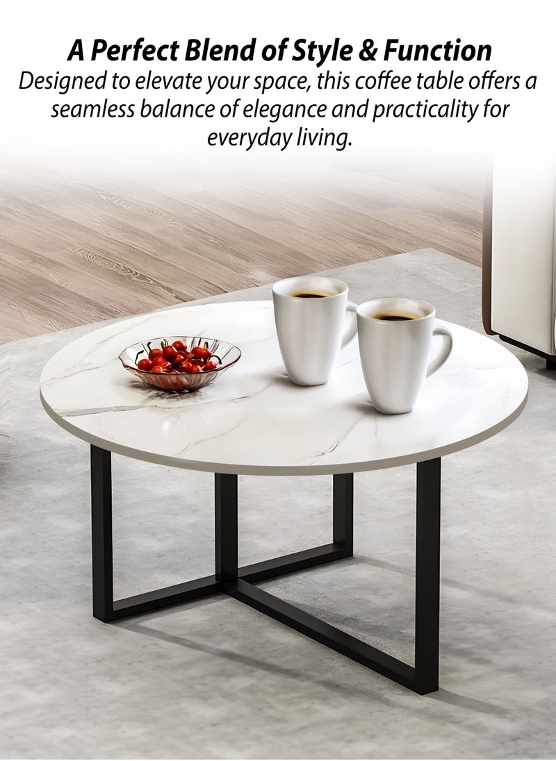 DBLEW - Sintered Stone Round Coffee Table Luxury Style Modern Faux Marble Finish 60cm Tea Tables with Steel Base Space Saving Design Durable Tabletop Waterproof and Scratch-Resistant Perfect for Home Living Room Dining Room Bedroom Balcony Office Kitchen Outdoor Garden Patio Hotel Lobby Restaurant Café or Small Spaces Versatile End Table, Sofa Side, Center Table Bedside Tables Stackable Accent Table - Image 1