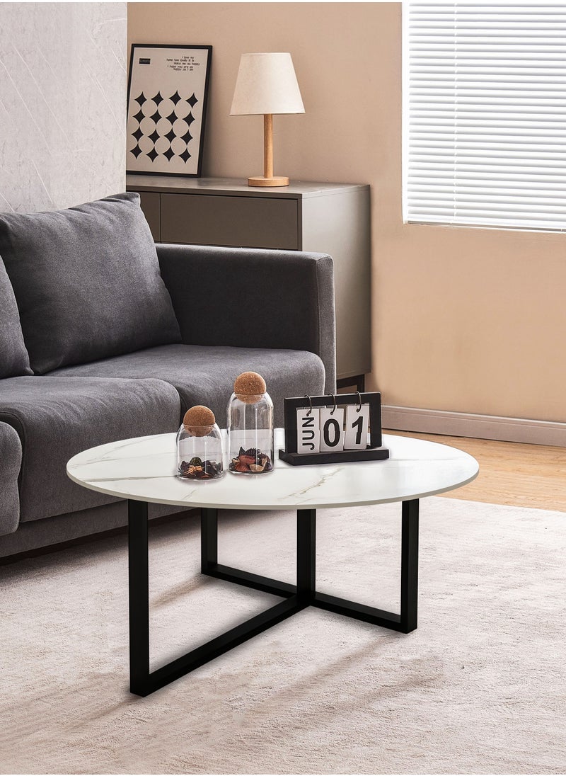 DBLEW - Sintered Stone Round Coffee Table Luxury Style Modern Faux Marble Finish 60cm Tea Tables with Steel Base Space Saving Design Durable Tabletop Waterproof and Scratch-Resistant Perfect for Home Living Room Dining Room Bedroom Balcony Office Kitchen Outdoor Garden Patio Hotel Lobby Restaurant Café or Small Spaces Versatile End Table, Sofa Side, Center Table Bedside Tables Stackable Accent Table - Image 1
