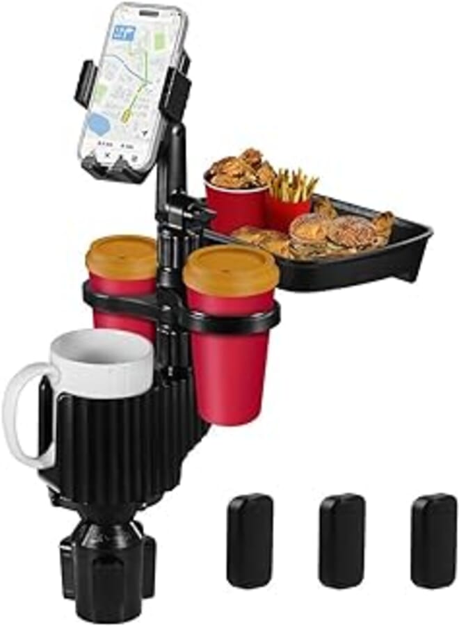 Car Cup Holder with Phone Holder and Detachable Rotating Food Tray Plus 2 Small Cup Slots and Large Cup Slot/CUP-A06