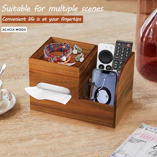 BIBELUN Wood Tissue Box Cover Square with Tray and Remote Holder, Multifunctional Tissues Cube Box Organizer/Shelf/Rack, Napkin Storage Box for Bathroom, Vanity, Nightstand, Office, Home Decor - Image 5