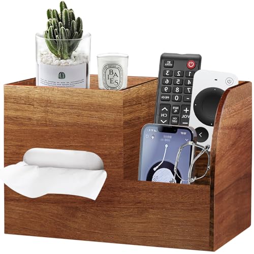 BIBELUN Wood Tissue Box Cover Square with Tray and Remote Holder, Multifunctional Tissues Cube Box Organizer/Shelf/Rack, Napkin Storage Box for Bathroom, Vanity, Nightstand, Office, Home Decor - Image 1