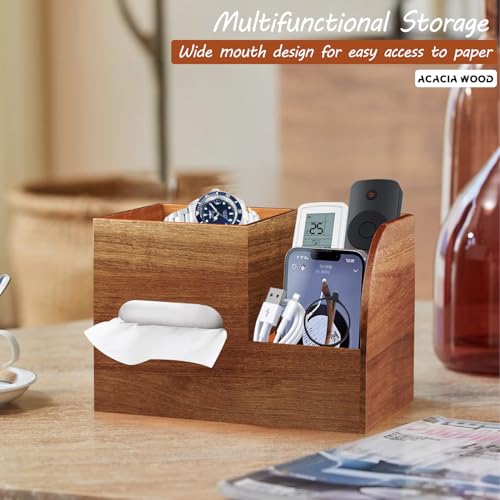 BIBELUN Wood Tissue Box Cover Square with Tray and Remote Holder, Multifunctional Tissues Cube Box Organizer/Shelf/Rack, Napkin Storage Box for Bathroom, Vanity, Nightstand, Office, Home Decor - Image 2