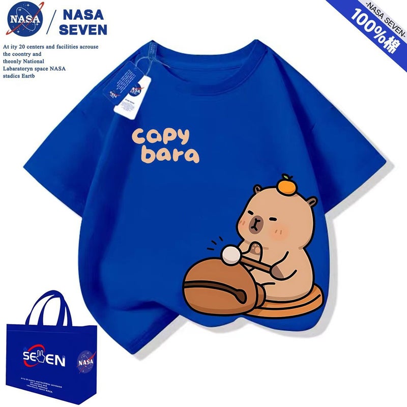 Nasa Cute Capybara Short-Sleeved Boys And Girls Summer Super Cute Capybara Pure Cotton T-Shirt Breathable Medium And Large Children'S Clothing - Image 1