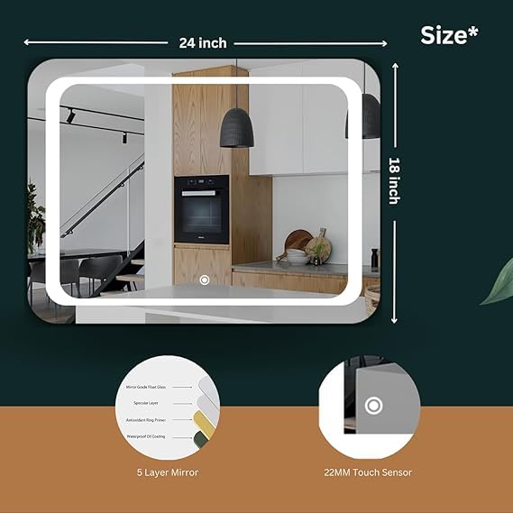 TINITALO Quality Glass Rectangular LED Mirror For Bathroon With Back Light Imported Touch Sensor + Dimmer + White Light + Coold Day Light + Warm Light Total 3 Light Brightness Adjustable,Wall Mount - Image 5
