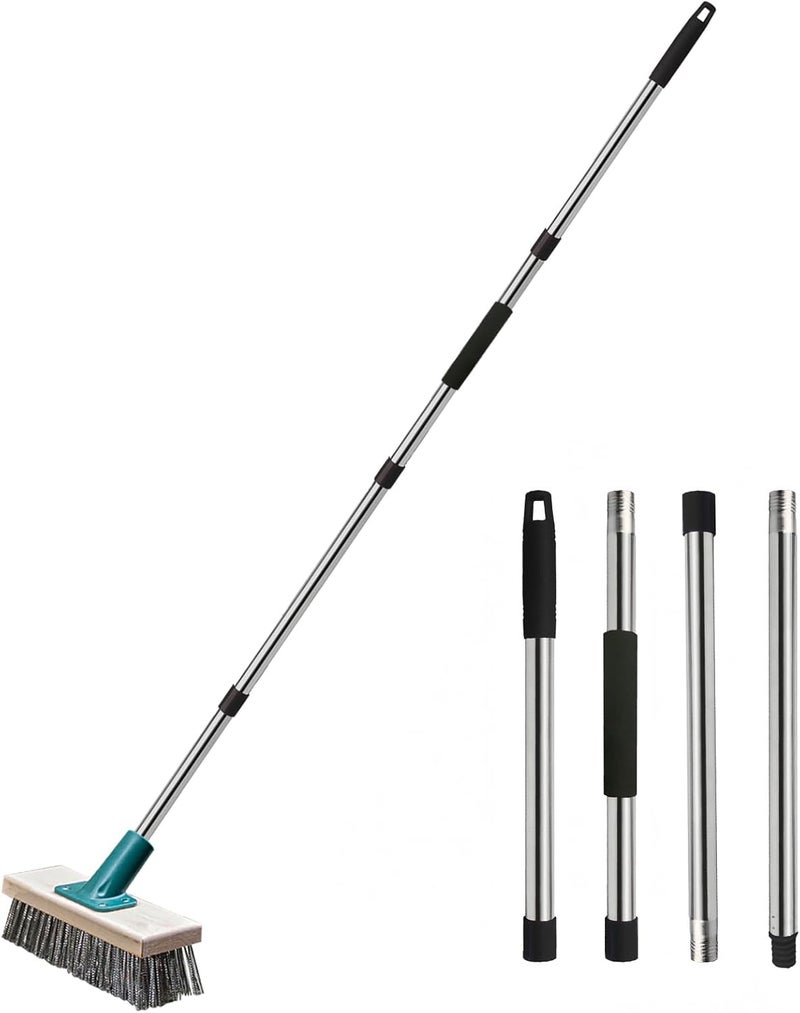 BSMstone Push Broom Brush Stainless Steel Wire Scrub Brush with Long Handle for Moss, Tough Stains on Deck, Grout, Garage, Patio - Image 1