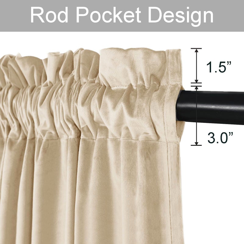 JIUZHEN Beige Velvet Curtains 96 inches for Living Room - Soft Retro Blackout Velvet Drapes Rod Pocket Room Darkening Thermal Insulated for Bedroom/Gallery, 52W x 96L, 2 Panels with Tiebacks - Image 2
