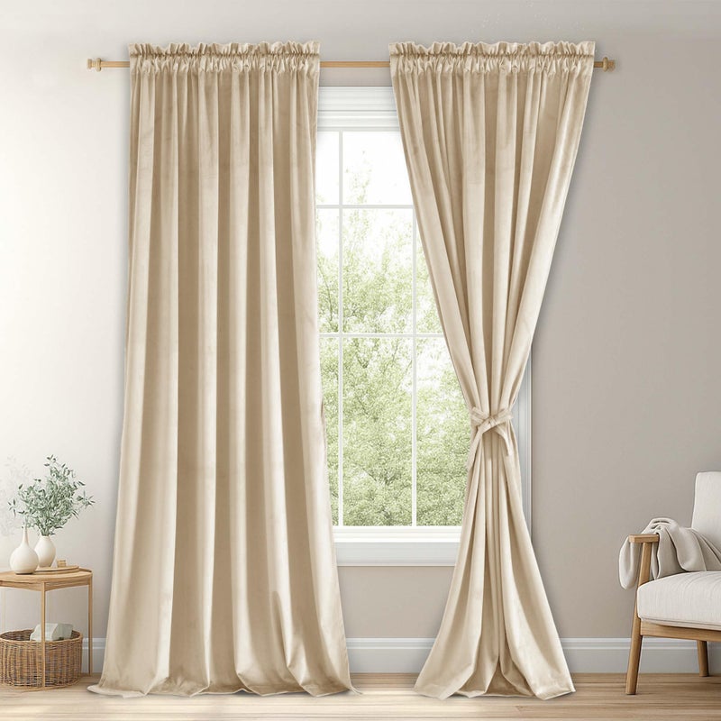 JIUZHEN Beige Velvet Curtains 96 inches for Living Room - Soft Retro Blackout Velvet Drapes Rod Pocket Room Darkening Thermal Insulated for Bedroom/Gallery, 52W x 96L, 2 Panels with Tiebacks - Image 1