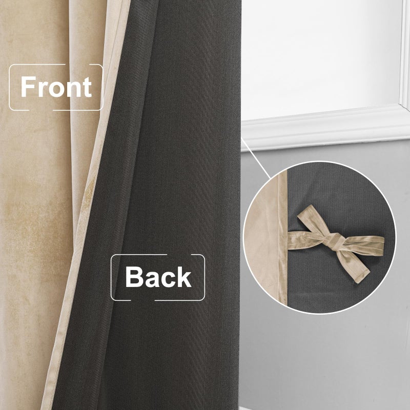 JIUZHEN Beige Velvet Curtains 96 inches for Living Room - Soft Retro Blackout Velvet Drapes Rod Pocket Room Darkening Thermal Insulated for Bedroom/Gallery, 52W x 96L, 2 Panels with Tiebacks - Image 4