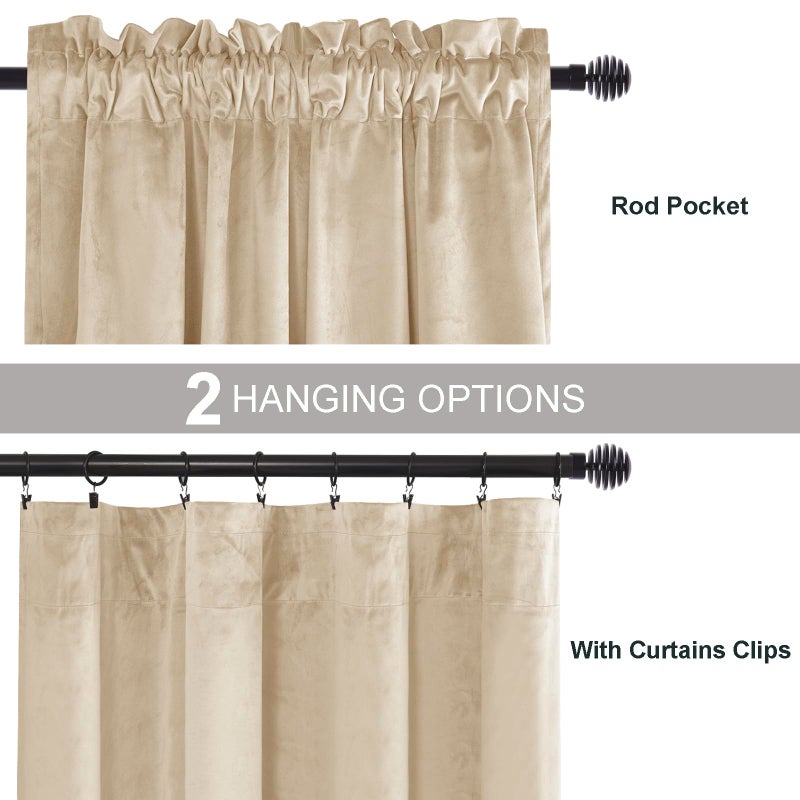 JIUZHEN Beige Velvet Curtains 96 inches for Living Room - Soft Retro Blackout Velvet Drapes Rod Pocket Room Darkening Thermal Insulated for Bedroom/Gallery, 52W x 96L, 2 Panels with Tiebacks - Image 3