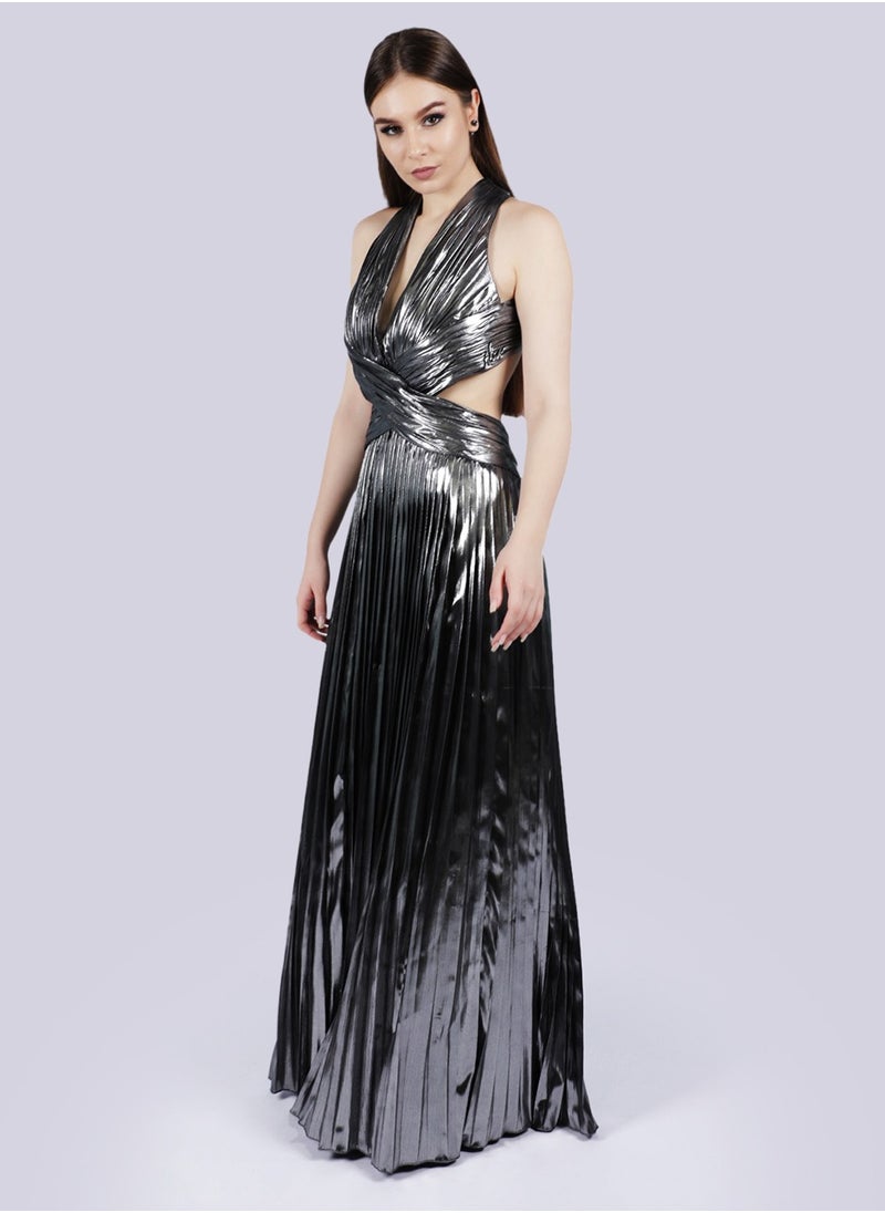 NIVA FASHION HOUSE - Admire - Drape Metallic Silver Pleated Gown Dress - Image 1