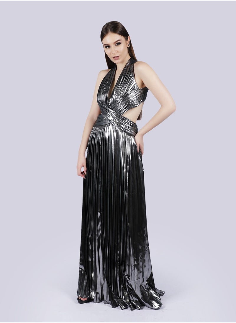 NIVA FASHION HOUSE - Admire - Drape Metallic Silver Pleated Gown Dress - Image 1