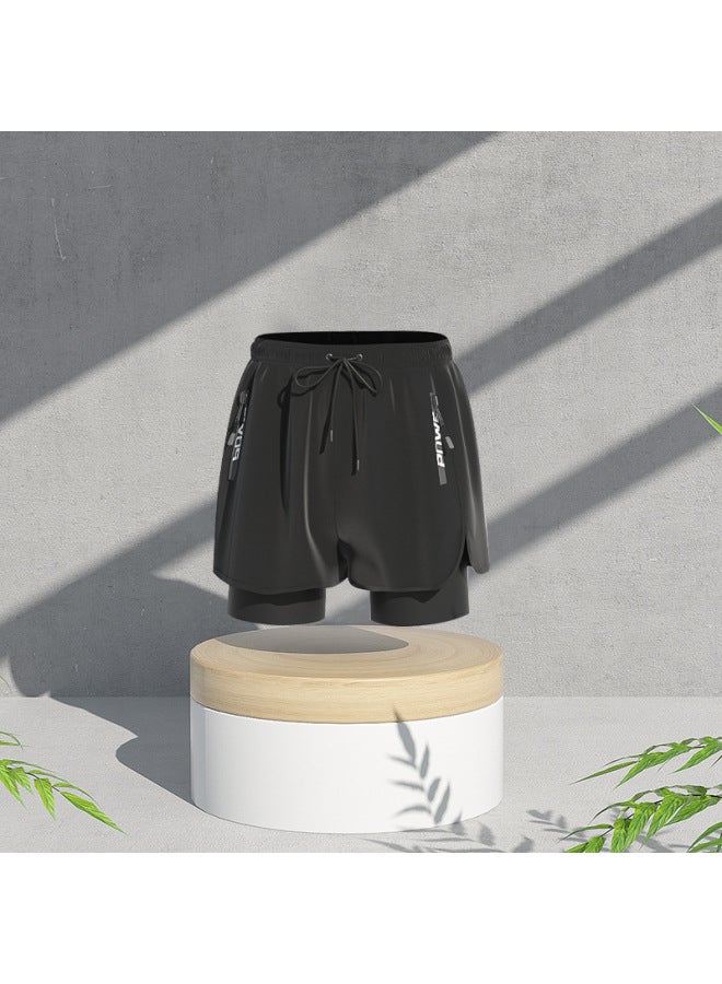 Loquat Swimwear Men's Suit Quick-drying Clothes Double-layer Anti-embarrassment Adult Swimming Trunks Five-point Beach Trunks Swimming Cap Suit-Color:Black Swim Trunks- - Image 1