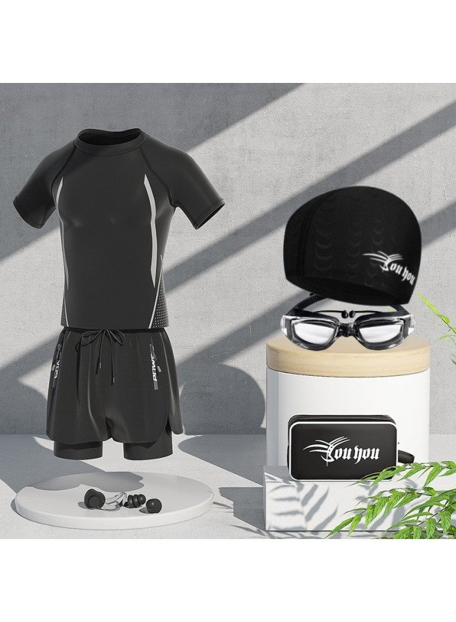 Loquat Swimwear Men's Suit Quick-drying Clothes Double-layer Anti-embarrassment Adult Swimming Trunks Five-point Beach Trunks Swimming Cap Suit-Color:Black Swim Trunks- - Image 3