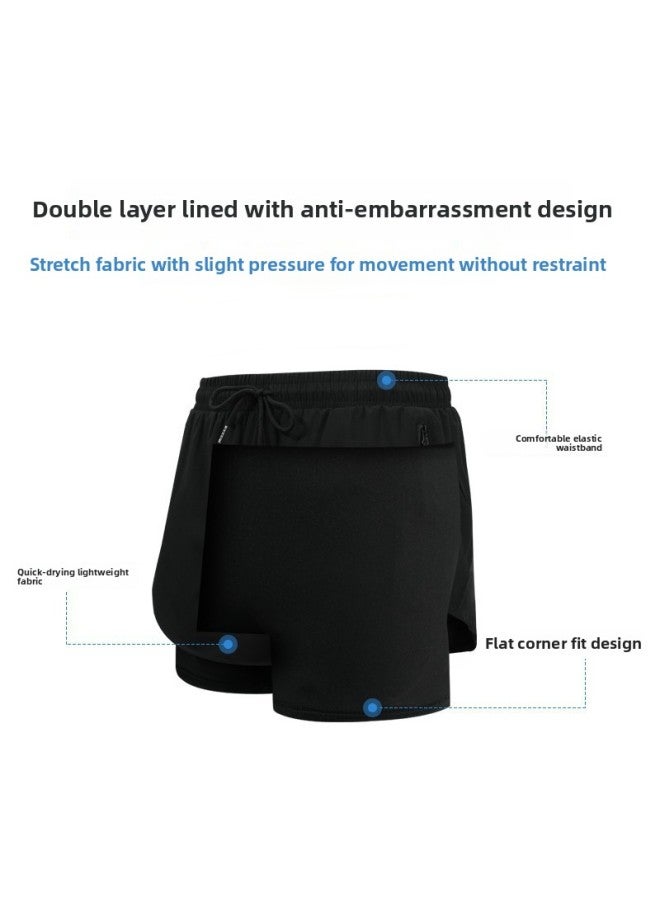 Loquat Swimwear Men's Suit Quick-drying Clothes Double-layer Anti-embarrassment Adult Swimming Trunks Five-point Beach Trunks Swimming Cap Suit-Color:Black Swim Trunks- - Image 5