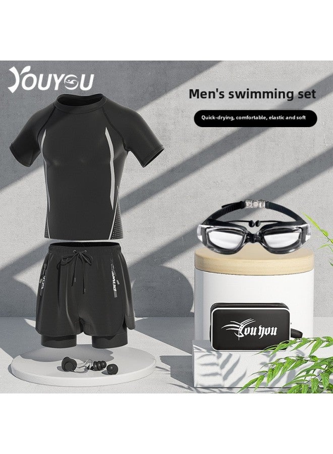 Loquat Swimwear Men's Suit Quick-drying Clothes Double-layer Anti-embarrassment Adult Swimming Trunks Five-point Beach Trunks Swimming Cap Suit-Color:Black Swim Trunks- - Image 2