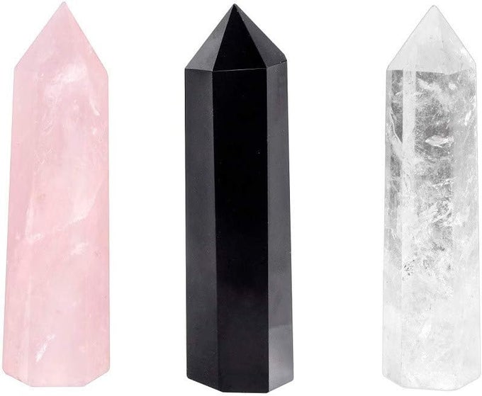 PACK OF 3 HEALING CRYSTAL WANDS POINT 6 FACETED PRISM BAR REIKI CHAKRA STONES FOR MEDITATION THERAPY DECOR 2 INCHES, ROSE QUARTZ + BLACK OBSIDIAN + ROCK CRYSTAL