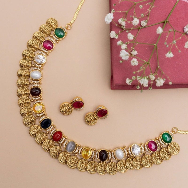 TARINIKA Antique Navaratna Necklace Set - Gold Plated Brass, Multi-Color Gemstone, Traditional Indian Jewelry Gift for Women with Earrings Desi Necklace (Dhanya Navaratna) - Image 3