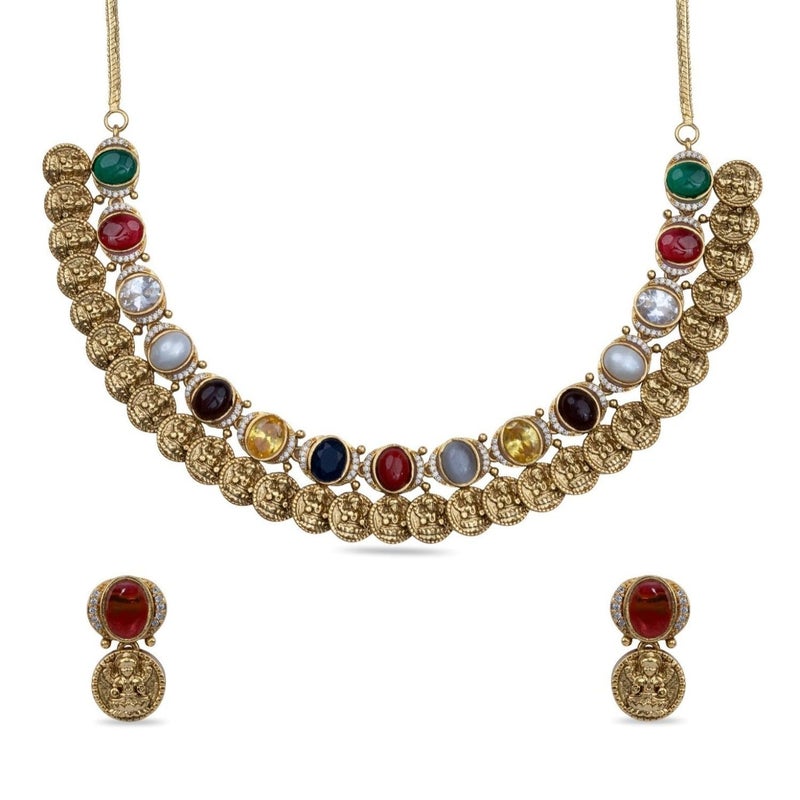 TARINIKA Antique Navaratna Necklace Set - Gold Plated Brass, Multi-Color Gemstone, Traditional Indian Jewelry Gift for Women with Earrings Desi Necklace (Dhanya Navaratna) - Image 1