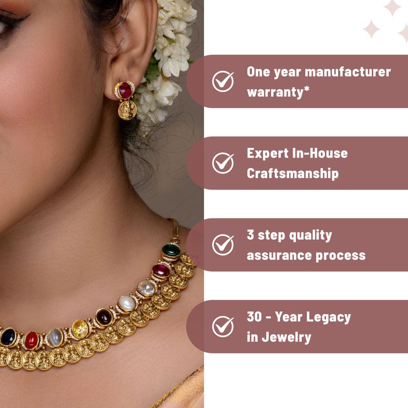 TARINIKA Antique Navaratna Necklace Set - Gold Plated Brass, Multi-Color Gemstone, Traditional Indian Jewelry Gift for Women with Earrings Desi Necklace (Dhanya Navaratna) - Image 5