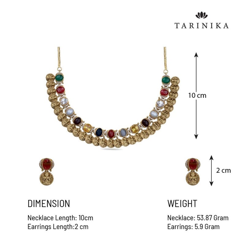 TARINIKA Antique Navaratna Necklace Set - Gold Plated Brass, Multi-Color Gemstone, Traditional Indian Jewelry Gift for Women with Earrings Desi Necklace (Dhanya Navaratna) - Image 4