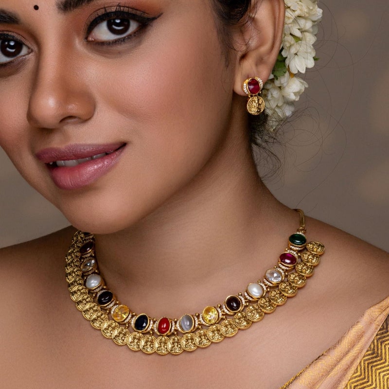 TARINIKA Antique Navaratna Necklace Set - Gold Plated Brass, Multi-Color Gemstone, Traditional Indian Jewelry Gift for Women with Earrings Desi Necklace (Dhanya Navaratna) - Image 2