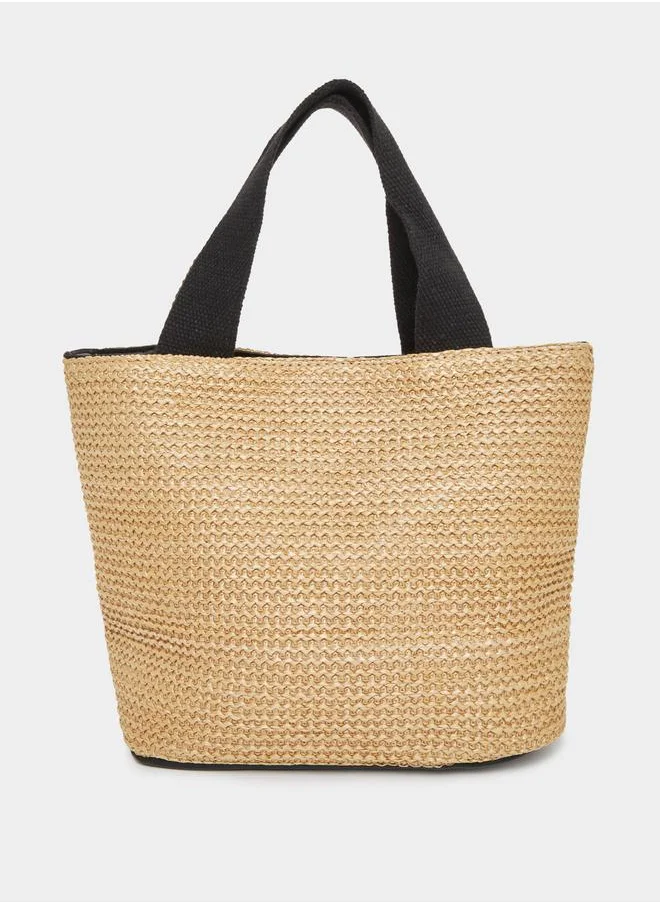 Styli Styli Two Tone Straw Beach Bag with Snap Closure