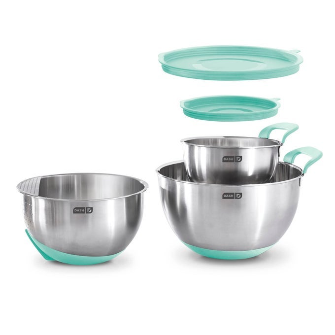 STAINLESS STEEL MIXING BOWLS WITH LIDS SILICONE NONSLIP BASE WITH MEASURING LINES AND STRAINER 3 BOWL SET 15 QUART 3 QUART 5 QUART AQUA