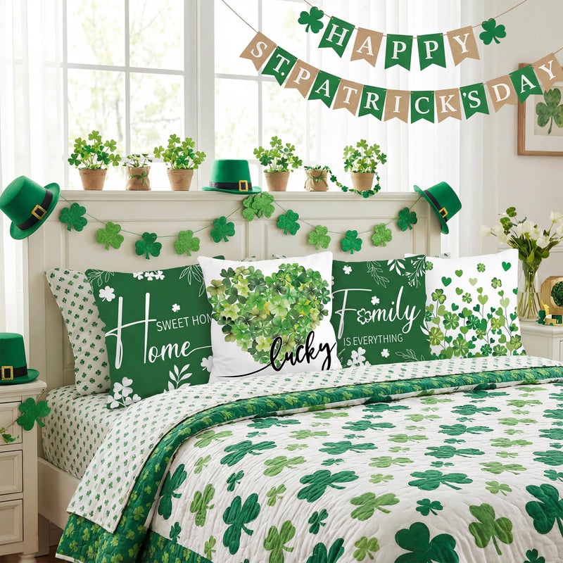 FUTBU St Patricks Day Throw Pillow Covers 18x18 Inch Set of 4, Home Sweet Home Lucky Sharmcork Clover Cushion Case Decoration for Sofa Couch Set of 4 Bless Our House - Image 4