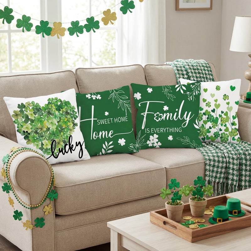 FUTBU St Patricks Day Throw Pillow Covers 18x18 Inch Set of 4, Home Sweet Home Lucky Sharmcork Clover Cushion Case Decoration for Sofa Couch Set of 4 Bless Our House - Image 3