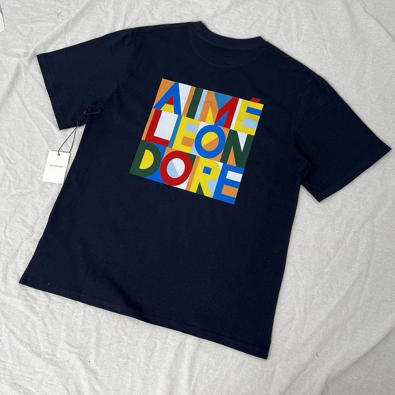 Cross-Border Export Wholesale Ald Abstract Color Block Logo Printed Summer High Street Loose Casual Short-Sleeved T-Shirt for Men and Women White - Image 2