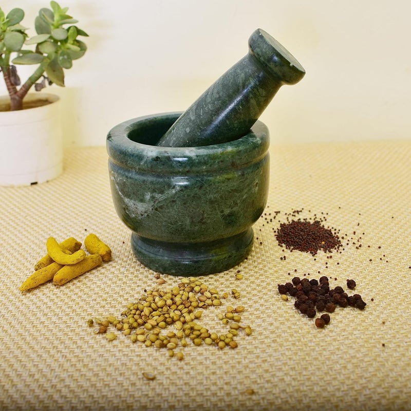 KunhaR Natural Green Marble Mortar and Pestle Set Imam Dasta Ohkli Musal Kharal 4 x 3 Inches Green Full Polish - Image 3