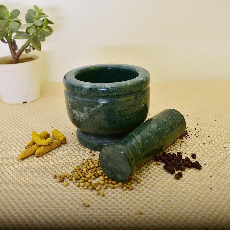 KunhaR Natural Green Marble Mortar and Pestle Set Imam Dasta Ohkli Musal Kharal 4 x 3 Inches Green Full Polish - Image 1