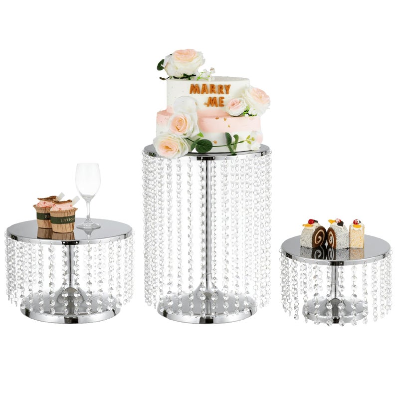 LoveCat Silver Cake Stand Set of 3 Round Charming Cake Pans with Crystal Beads for Dessert Table Christmas Wedding Birthday Baby Shower Display