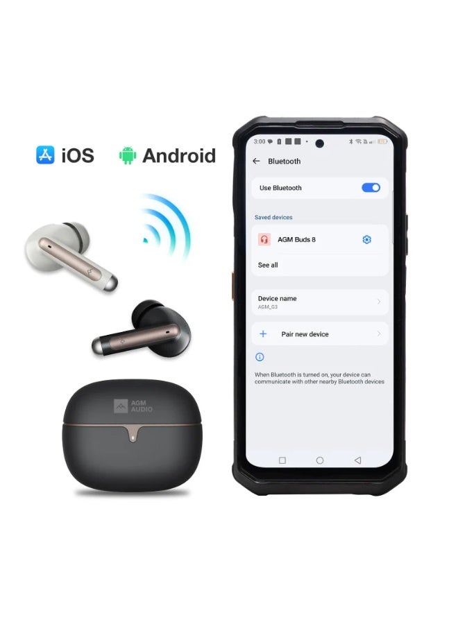 AGM سماعة AGM Buds 5 اللاسلكية، تصميم أنيق وخفيف، صوت 13 ملم عالي الوضوح، بلوتوث 5.4، بطارية طويلة العمر، مقاومة للماء IPX4، متوافقة مع أندرويد وiOS - اسود - Image 3