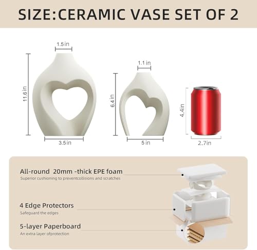 Zormon White Vases for Decor, Heart Shaped Ceramic Vase Set of 2, Nordic Heart Shaped Vases, Minimalist Decorative Vase for Table Centerpiece Wedding Dining Living Room Office House Decoration - Image 3