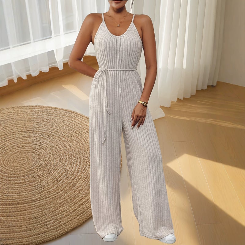 Women's Ribbed Spaghetti Strap Jumpsuit Loose Wide Leg Casual - Image 3