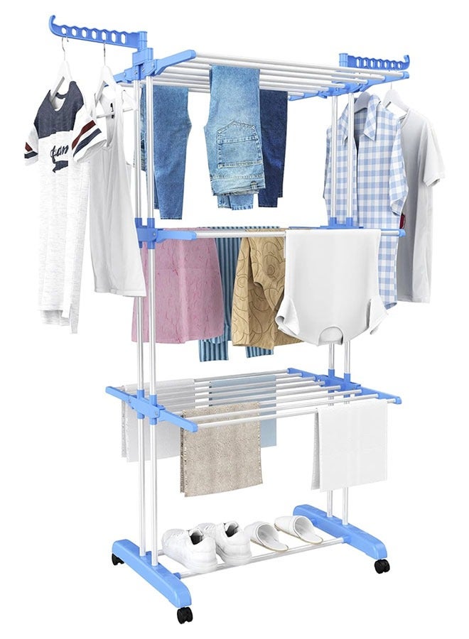 Hihonor Floor Drying Rack,4 Tiers Foldable Design,Stainless Steel,Indoor and Outdoor Dual-Use Design,Suitable for Drying Adult and Children's Clothes(Blue) - Image 1